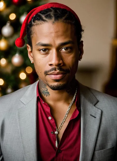 RAW photo of 20 years old alleniverson-ti, natural lighting, 8k uhd, dslr, high quality, film grain, Fujifilm XT3, <lora:add_detail:0.7>, by Peter Lindbergh, christmas theme, young, masculine