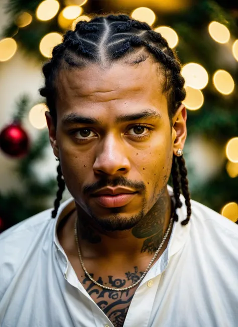 RAW photo of 20 years old alleniverson-ti, natural lighting, 8k uhd, dslr, high quality, film grain, Fujifilm XT3, <lora:add_detail:0.7>, by Peter Lindbergh, christmas theme, young, masculine