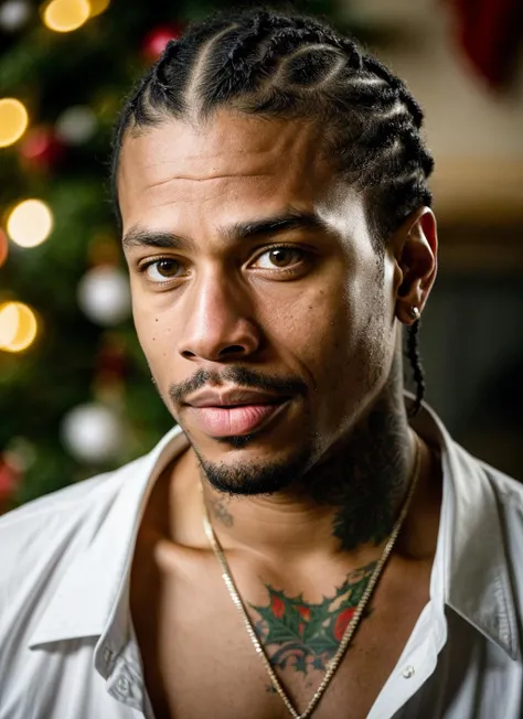 RAW photo of 20 years old alleniverson-ti, natural lighting, 8k uhd, dslr, high quality, film grain, Fujifilm XT3, <lora:add_detail:0.7>, by Peter Lindbergh, christmas theme, young, masculine