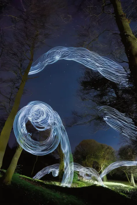 <lora:Photographer Martin Kimbell Style:1>Photographer Martin Kimbell Style - a long exposure photo of light painting in the night sky with trees in the foreground