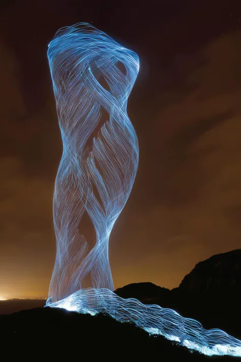 <lora:Photographer Martin Kimbell Style:1>Photographer Martin Kimbell Style - a sculpture of a woman's leg in the woods at night with lights shining on it
