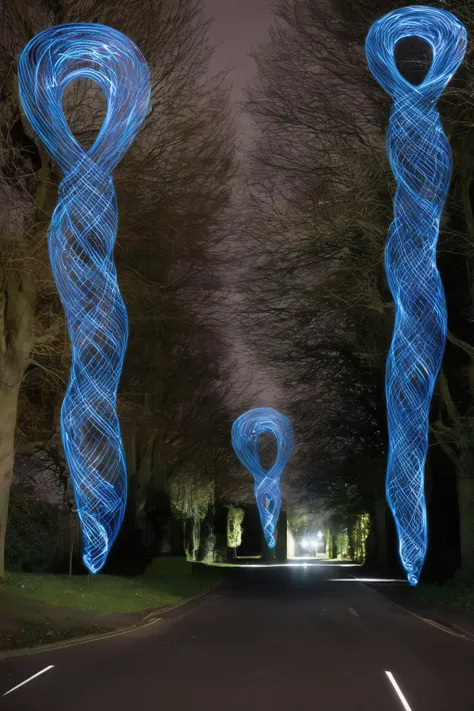 <lora:Photographer Martin Kimbell Style:1>Photographer Martin Kimbell Style - a long exposure photo of a street with blue lights in the shape of people