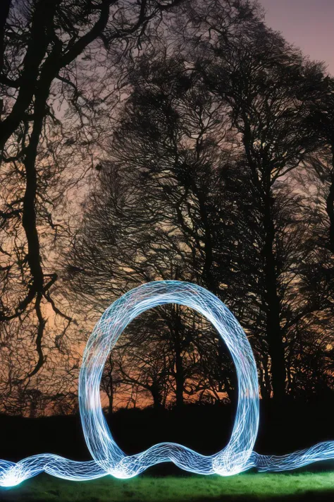 <lora:Photographer Martin Kimbell Style:1>Photographer Martin Kimbell Style - a long exposure photograph of light painting in a field at sunset with trees in the background