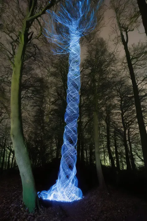 <lora:Photographer Martin Kimbell Style:1>Photographer Martin Kimbell Style - a long exposure photo of a tree in a forest at night with a blue light coming from the top of the tree