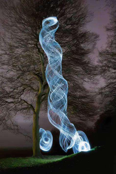 <lora:Photographer Martin Kimbell Style:1>Photographer Martin Kimbell Style - a long exposure photo of a tree and a light painting in the background