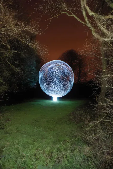 <lora:Photographer Martin Kimbell Style:1>Photographer Martin Kimbell Style - a large ball of light in the middle of a field at night with trees in the background