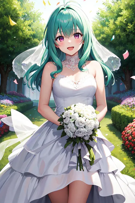 masterpiece, best quality, highres, Run Elsie Jewelria, solo, long hair, antenna hair, purple eyes, wedding dress, white dress, standing, cowboy shot, holding bouquet, smile, open mouth, confetti, garden,