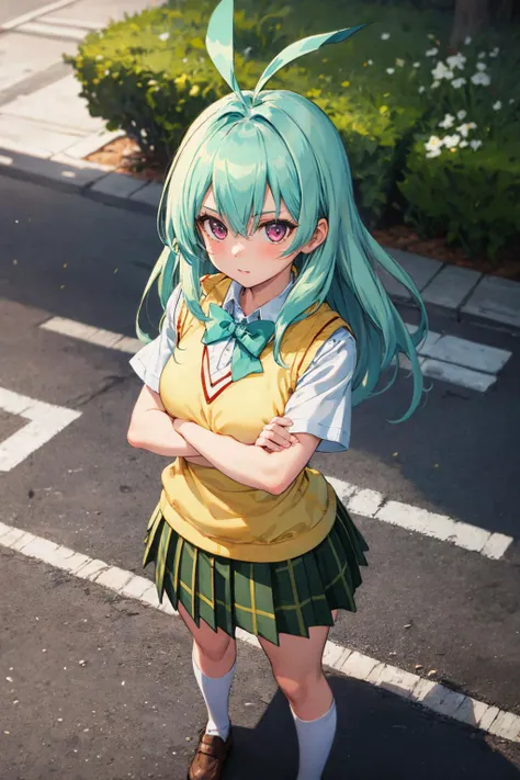 masterpiece, best quality, highres, aarej, solo, long hair, antenna hair, purple eyes, school uniform, green bowtie, white shirt, sweater vest, yellow vest, short sleeves, plaid skirt, green skirt,  <lora:run_elsie_jewelria_v1:0.7>, crossed arms, serious, outdoors, standing, full body, from above,