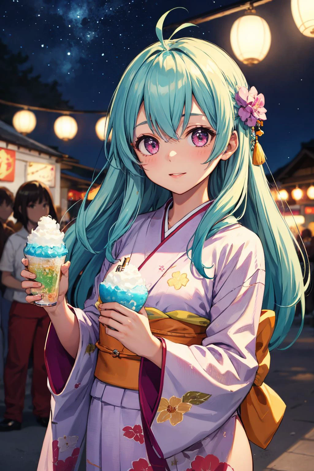 masterpiece, best quality, highres, aarej, solo, long hair, antenna hair, purple eyes, <lora:run_elsie_jewelria_v1:0.7>, outdoors,cowboy shot,smile, portrait ,kimono, holding, shaved ice, outdoors, night, starry sky, summer festival, little smile