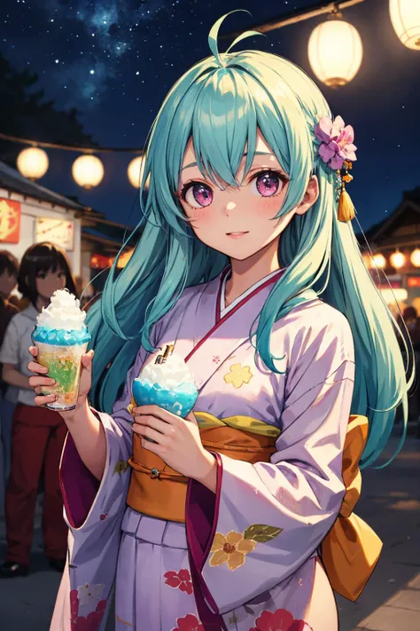 masterpiece, best quality, highres, aarej, solo, long hair, antenna hair, purple eyes,  <lora:run_elsie_jewelria_v1:0.7>, outdoors,cowboy shot,smile, portrait ,kimono, holding, shaved ice, outdoors, night, starry sky, summer festival, little smile