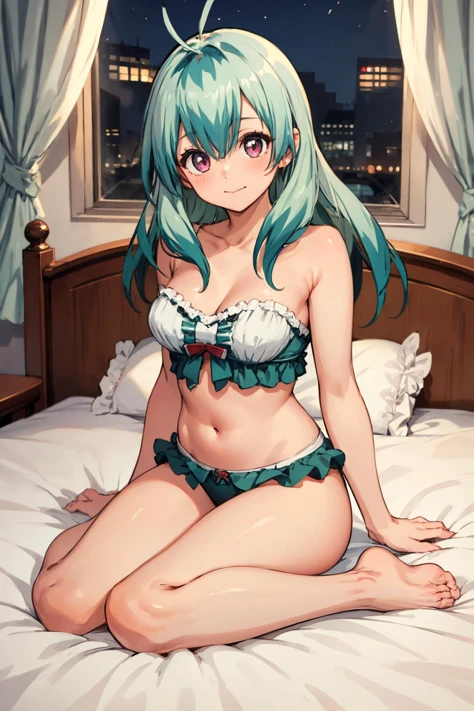 masterpiece, best quality, highres, aarej, solo, long hair, antenna hair, purple eyes, <lora:run_elsie_jewelria_v1:0.7>, indoors,sitting,bed,blush,embarrass,night, <lora:run_elsie_jewelria_v1:0.7>, underbust, navel, panties, strapless, revealing clothes, indoors, smile, frills,