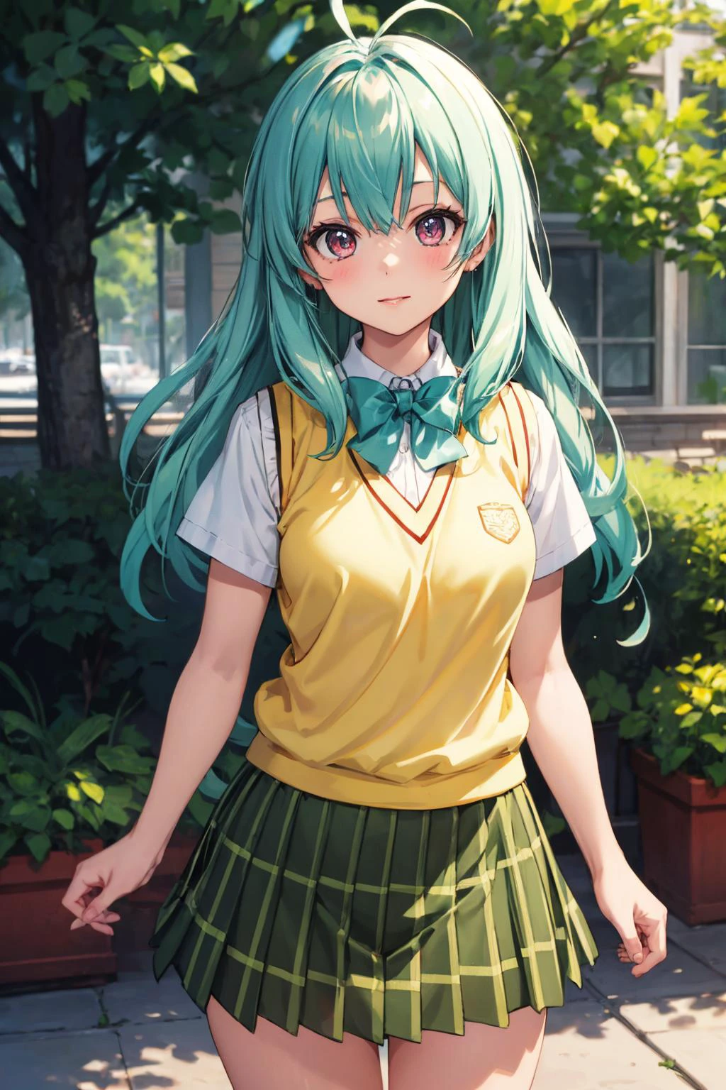 masterpiece, best quality, highres, aarej, solo, long hair, antenna hair, purple eyes, school uniform, green bowtie, white shirt, sweater vest, yellow vest, short sleeves, plaid skirt, green skirt, <lora:run_elsie_jewelria_v1:0.7>, standing, cowboy shot, outdoors, smile