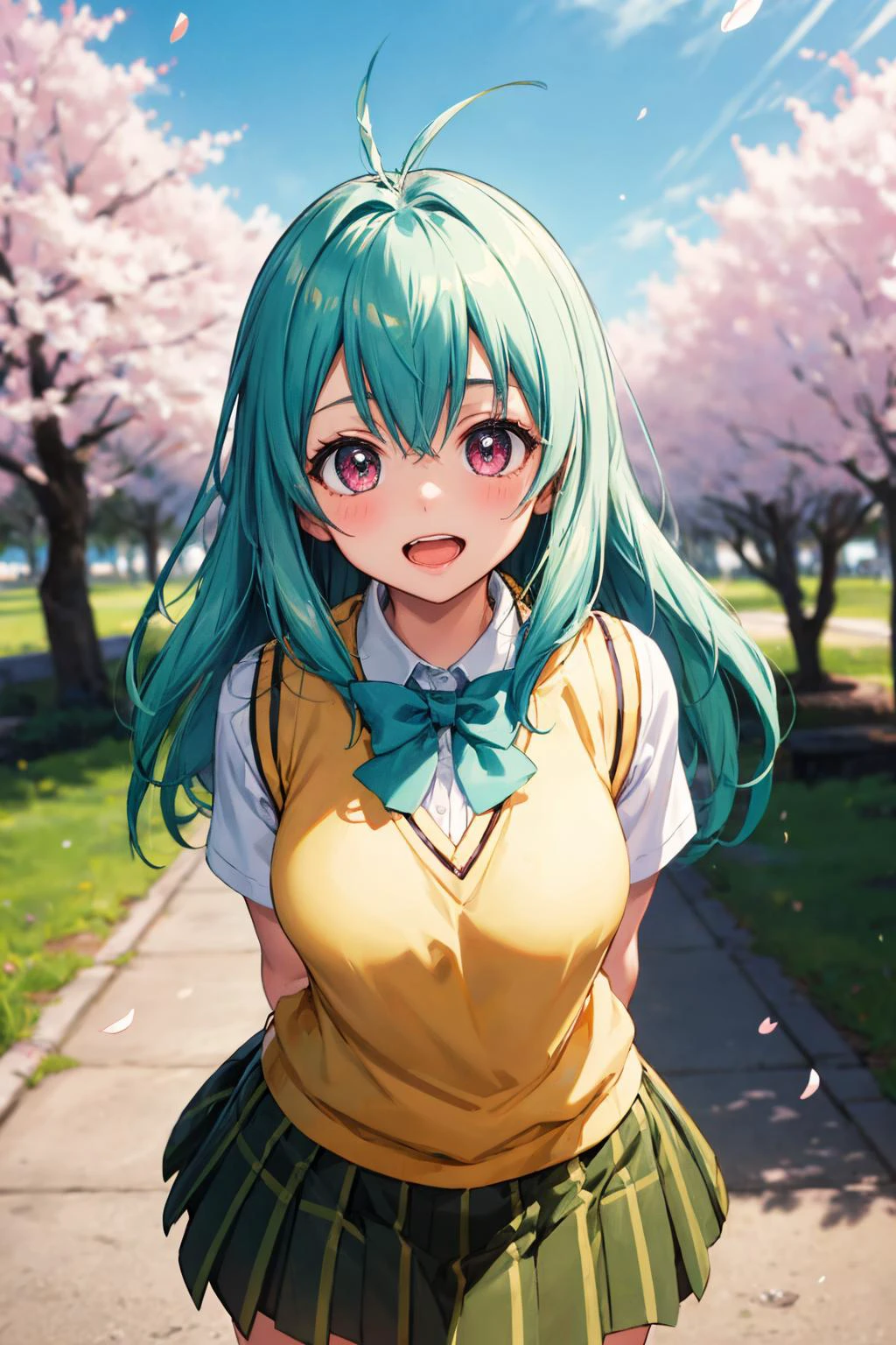 masterpiece, best quality, highres, aarej, solo, long hair, antenna hair, purple eyes, school uniform, green bowtie, white shirt, sweater vest, yellow vest, short sleeves, plaid skirt, green skirt, <lora:run_elsie_jewelria_v1:0.7>, standing, cowboy shot, bent over, arms behind back, outdoors, cherry blossoms, smile, open mouth,