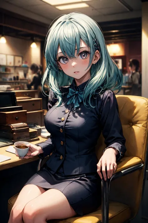 (masterpiece), best quality, (((ultra detailed, 8k quality))), expressive eyes, perfect face, perfect anatomy, perfect body, scene, <lora:scene_:0.7>, <lora:more_details:0.7>, <lora:beautiful_detailed_eyes:0.5>,1girl, blue hair, <lora:run_elsie_jewelria_v1:1>, business suit, upperbody, looking the viewer, sitting, holding tea, looking at the viewer, indoor,