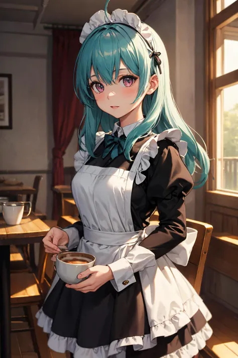 masterpiece, best quality, highres, aarej, solo, long hair, antenna hair, purple eyes, <lora:run_elsie_jewelria_v1:0.7>,maid headdress, black dress, juliet sleeves, maid apron, indoors, cafe, victorian maid