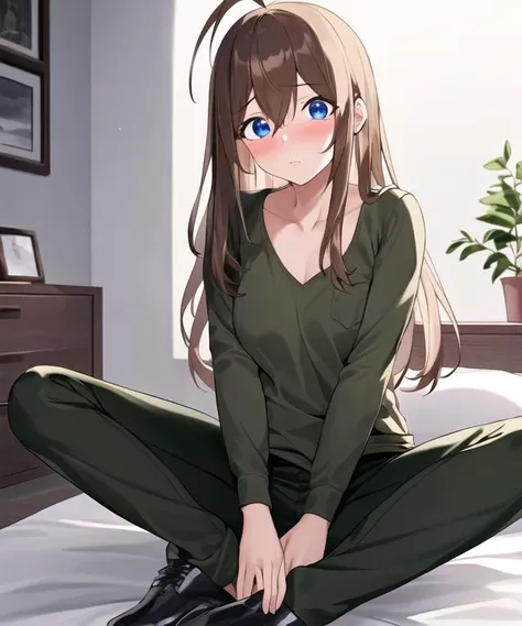 (masterpiece, best quality:1.4),(serebryakov:1),<lora:last-000003:1>,1girl, solo,looking at viewer, blush, shirt, black footwear, bangs, blue eyes, brown hair, long sleeves, hair between eyes,shirt, long hair, full body, ahoge,green pants, hand on own chest, surprised, pocket, bedroom, sitting in bed,