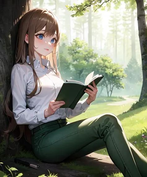 (masterpiece, best quality:1.4),(serebryakov:1),<lora:last-000003:1>, green pants, white shirt, shirt, jewelry, cross, sitting, reading paper, tree, forest