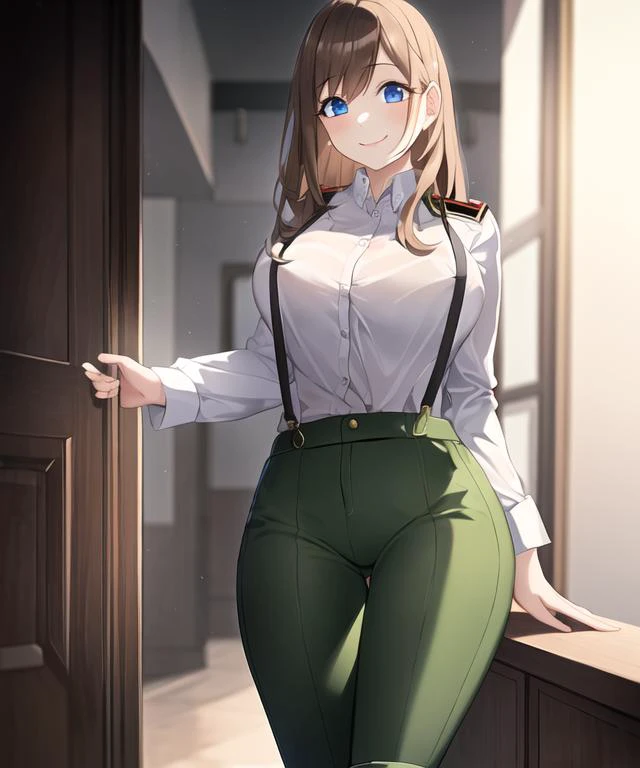(masterpiece, best quality:1.4),(serebryakov:1.2), 1girl, breasts, looking at viewer, smile, blue eyes, brown hair, white shirt, long hair, boots,green pants, suspenders, standing, black boots,<lora:last-000003:1>