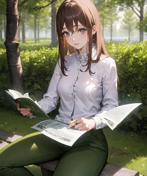 (masterpiece, best quality:1.4),(serebryakov:1),<lora:last-000003:1>, green pants, white shirt, shirt, jewelry, cross, sitting, reading paper, tree, forest, weapon, (cross, jewelry:1.4)