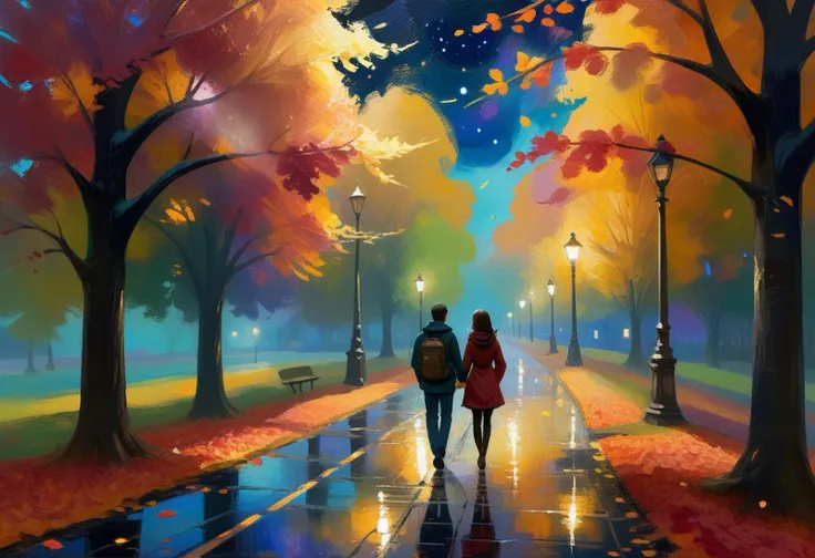 score_9, score_8_up, score_7_up, source_oil-painting, A vivid color pallette, a couple walking down a rainy city park trail, bright colorful (fall foliage:1.55), nighttime, starry sky, old fashioned oil laterns, in the art style of daniel wall, advntr, digital art, vivid fantasy colors, oil painting, (shiny globby viscous palette knife on canvas:2.5), bump mapping, style by nty