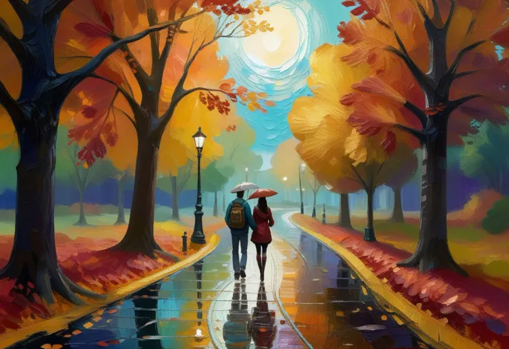 score_9, score_8_up, score_7_up, source_oil-painting, A vivid color pallette, a couple walking down a rainy city park trail, colorful (fall foliage:1.55), nighttime, starry sky, old fashioned oil laterns, in the art style of daniel wall, advntr, digital art, vivid fantasy colors, oil painting, (shiny globby viscous palette knife on canvas:2.5), bump mapping,