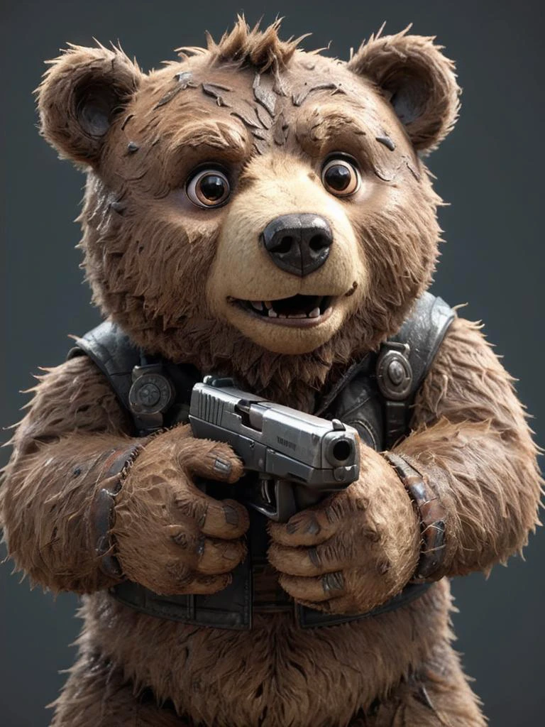 rugged, dirty, bear <lora:Pistolero-000015:1> Holding a pistol in his detailed hands, 3d fluffy, closeup cute and adorable, cute big circular reflective eyes, long fuzzy fur, Pixar render, unreal engine cinematic smooth, intricate detail, cinematic