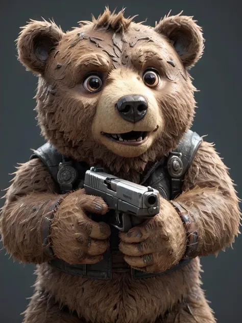 rugged, dirty, bear  <lora:Pistolero-000015:1> Holding a pistol in his detailed hands, 3d fluffy, closeup cute and adorable, cute big circular reflective eyes, long fuzzy fur, Pixar render, unreal engine cinematic smooth, intricate detail, cinematic