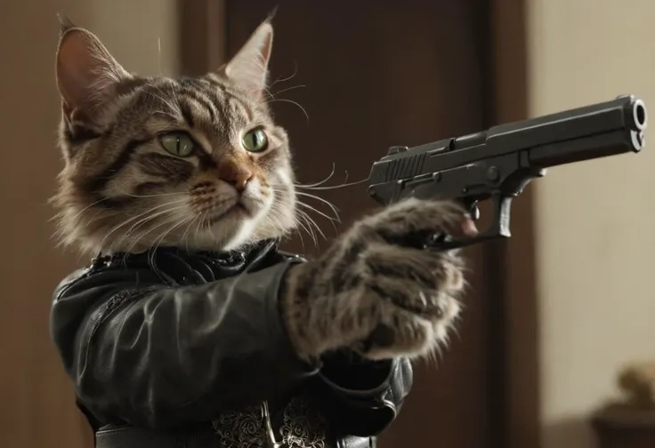 <lora:Pistolero:0.5>,a cat Holding a pistol in his furry detailed hands,movie shot,action scene,aiming to camera,