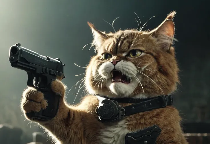 <lora:Pistolero:0.4>,a big fat angry cat Holding a little pistol in his furry detailed hand,movie shot,action scene,aiming,