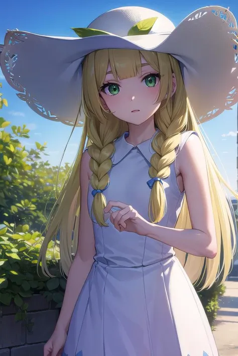 pokemonlilie, <lora:pokemonlilie-lora-nochekaiser:1>,
pokemonlilie, blonde hair, blunt bangs, (green eyes:1.5), long hair, (small breasts:1.2),
BREAK braid, collared dress, dress, hat, sleeveless, sleeveless dress, sun hat, sundress, twin braids, white dress, white headwear,
BREAK looking at viewer, upper body, full body, (cowboy shot:1.5),
BREAK outdoors, nature, sky,
BREAK <lyco:GoodHands-beta2:1>, (masterpiece:1.2), best quality, high resolution, unity 8k wallpaper, (illustration:0.8), (beautiful detailed eyes:1.6), extremely detailed face, perfect lighting, extremely detailed CG, (perfect hands, perfect anatomy),