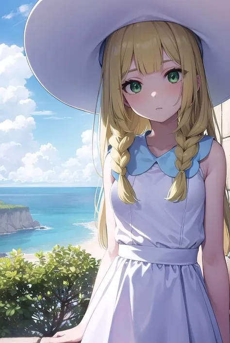pokemonlilie, <lora:pokemonlilie-lora-nochekaiser:1>,
pokemonlilie, blonde hair, blunt bangs, (green eyes:1.5), long hair, (small breasts:1.2),
BREAK braid, collared dress, dress, hat, sleeveless, sleeveless dress, sun hat, sundress, twin braids, white dress, white headwear,
BREAK looking at viewer, upper body, full body, (cowboy shot:1.5),
BREAK outdoors, nature, sky,
BREAK <lyco:GoodHands-beta2:1>, (masterpiece:1.2), best quality, high resolution, unity 8k wallpaper, (illustration:0.8), (beautiful detailed eyes:1.6), extremely detailed face, perfect lighting, extremely detailed CG, (perfect hands, perfect anatomy),
