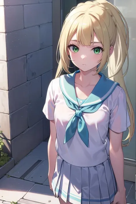 pokemonlilie, <lora:pokemonlilie-lora-nochekaiser:1>,
pokemonlilie, blonde hair, blunt bangs, (green eyes:1.5), long hair, (small breasts:1.2),
BREAK braid, french braid, high ponytail, miniskirt, pleated skirt, sailor collar, shirt, short sleeves, skirt, white shirt, white skirt,
BREAK looking at viewer, upper body, full body, (cowboy shot:1.5),
BREAK outdoors, nature, sky,
BREAK <lyco:GoodHands-beta2:1>, (masterpiece:1.2), best quality, high resolution, unity 8k wallpaper, (illustration:0.8), (beautiful detailed eyes:1.6), extremely detailed face, perfect lighting, extremely detailed CG, (perfect hands, perfect anatomy),