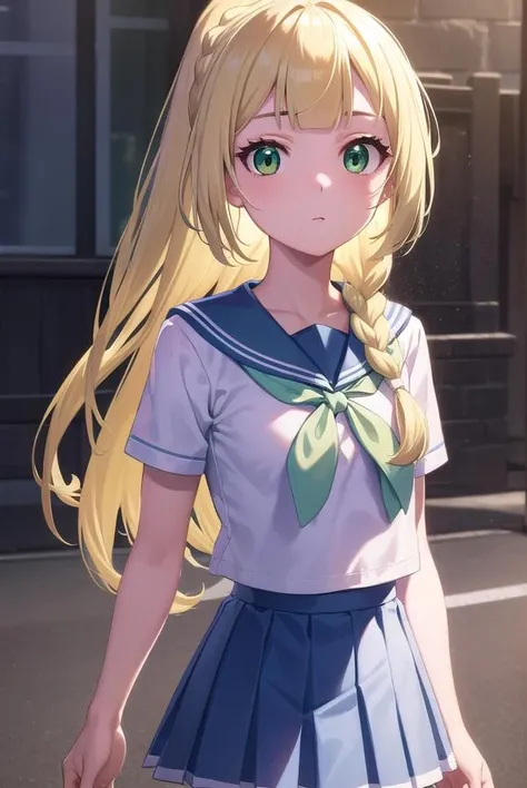 pokemonlilie, <lora:pokemonlilie-lora-nochekaiser:1>,
pokemonlilie, blonde hair, blunt bangs, (green eyes:1.5), long hair, (small breasts:1.2),
BREAK braid, french braid, high ponytail, miniskirt, pleated skirt, sailor collar, shirt, short sleeves, skirt, white shirt, white skirt,
BREAK looking at viewer, upper body, full body, (cowboy shot:1.5),
BREAK outdoors, nature, sky,
BREAK <lyco:GoodHands-beta2:1>, (masterpiece:1.2), best quality, high resolution, unity 8k wallpaper, (illustration:0.8), (beautiful detailed eyes:1.6), extremely detailed face, perfect lighting, extremely detailed CG, (perfect hands, perfect anatomy),