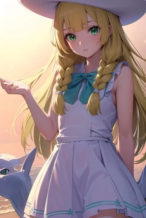 pokemonlilie, <lora:pokemonlilie-lora-nochekaiser:1>,
pokemonlilie, blonde hair, blunt bangs, (green eyes:1.5), long hair, (small breasts:1.2),
BREAK braid, collared dress, dress, hat, sleeveless, sleeveless dress, sun hat, sundress, twin braids, white dress, white headwear,
BREAK looking at viewer, upper body, full body, (cowboy shot:1.5),
BREAK outdoors, nature, sky,
BREAK <lyco:GoodHands-beta2:1>, (masterpiece:1.2), best quality, high resolution, unity 8k wallpaper, (illustration:0.8), (beautiful detailed eyes:1.6), extremely detailed face, perfect lighting, extremely detailed CG, (perfect hands, perfect anatomy),