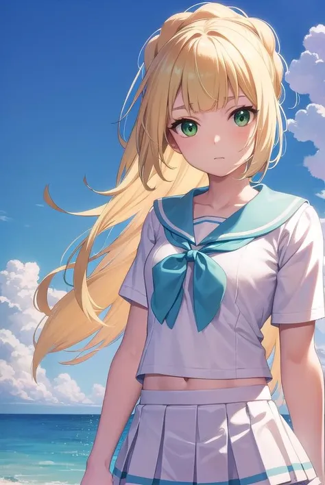 pokemonlilie, <lora:pokemonlilie-lora-nochekaiser:1>,
pokemonlilie, blonde hair, blunt bangs, (green eyes:1.5), long hair, (small breasts:1.2),
BREAK braid, french braid, high ponytail, miniskirt, pleated skirt, sailor collar, shirt, short sleeves, skirt, white shirt, white skirt,
BREAK looking at viewer, upper body, full body, (cowboy shot:1.5),
BREAK outdoors, nature, sky,
BREAK <lyco:GoodHands-beta2:1>, (masterpiece:1.2), best quality, high resolution, unity 8k wallpaper, (illustration:0.8), (beautiful detailed eyes:1.6), extremely detailed face, perfect lighting, extremely detailed CG, (perfect hands, perfect anatomy),