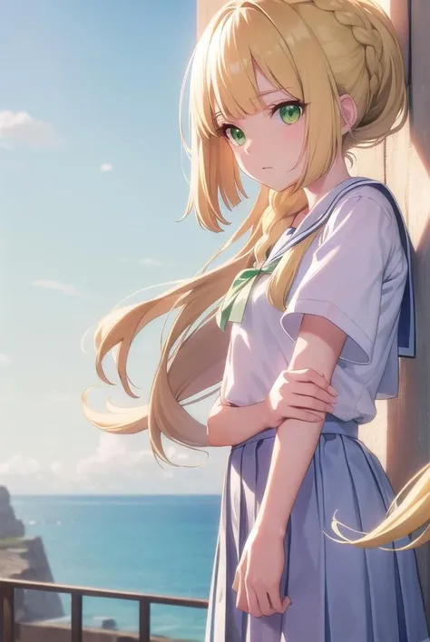 pokemonlilie, <lora:pokemonlilie-lora-nochekaiser:1>,
pokemonlilie, blonde hair, blunt bangs, (green eyes:1.5), long hair, (small breasts:1.2),
BREAK braid, french braid, high ponytail, miniskirt, pleated skirt, sailor collar, shirt, short sleeves, skirt, white shirt, white skirt,
BREAK looking at viewer, upper body, full body, (cowboy shot:1.5),
BREAK outdoors, nature, sky,
BREAK <lyco:GoodHands-beta2:1>, (masterpiece:1.2), best quality, high resolution, unity 8k wallpaper, (illustration:0.8), (beautiful detailed eyes:1.6), extremely detailed face, perfect lighting, extremely detailed CG, (perfect hands, perfect anatomy),