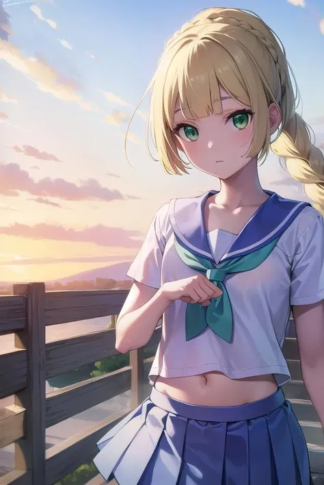 pokemonlilie, <lora:pokemonlilie-lora-nochekaiser:1>,
pokemonlilie, blonde hair, blunt bangs, (green eyes:1.5), long hair, (small breasts:1.2),
BREAK braid, french braid, high ponytail, miniskirt, pleated skirt, sailor collar, shirt, short sleeves, skirt, white shirt, white skirt,
BREAK looking at viewer, upper body, full body, (cowboy shot:1.5),
BREAK outdoors, nature, sky,
BREAK <lyco:GoodHands-beta2:1>, (masterpiece:1.2), best quality, high resolution, unity 8k wallpaper, (illustration:0.8), (beautiful detailed eyes:1.6), extremely detailed face, perfect lighting, extremely detailed CG, (perfect hands, perfect anatomy),