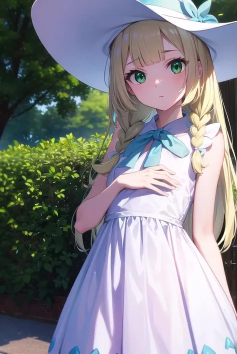 pokemonlilie, <lora:pokemonlilie-lora-nochekaiser:1>,
pokemonlilie, blonde hair, blunt bangs, (green eyes:1.5), long hair, (small breasts:1.2),
BREAK braid, collared dress, dress, hat, sleeveless, sleeveless dress, sun hat, sundress, twin braids, white dress, white headwear,
BREAK looking at viewer, upper body, full body, (cowboy shot:1.5),
BREAK outdoors, nature, sky,
BREAK <lyco:GoodHands-beta2:1>, (masterpiece:1.2), best quality, high resolution, unity 8k wallpaper, (illustration:0.8), (beautiful detailed eyes:1.6), extremely detailed face, perfect lighting, extremely detailed CG, (perfect hands, perfect anatomy),