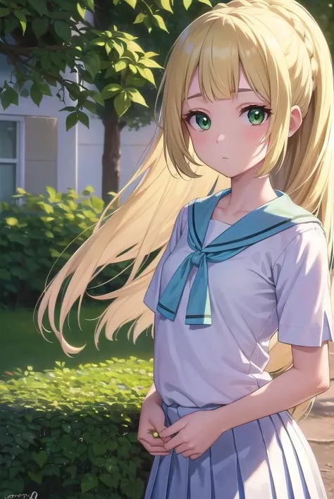 pokemon lily, pokemon lily, blonde hair, dull bangs, (green eyes:1.5), long hair, (small breasts:1.2),
break braid, french braid, high ponytail, miniskirt, pleated skirt, sailor collar, shirt, short sleeve, skirt, white shirt, white skirt,
break looking at viewer, Upper body, full body, (cowboy shot:1.5),
break outdoors, nature, null,
break (masterpiece:1.2), highest quality, High resolution, unity 8k wallpaper, (figure:0.8), (detailed and beautiful eyes:1.6), highly detailed face, perfect lighting, Very detailed CG, (perfect hands, perfect anatomy),Shame、blush、Are crying、mouth open,touch pussy, masturbation