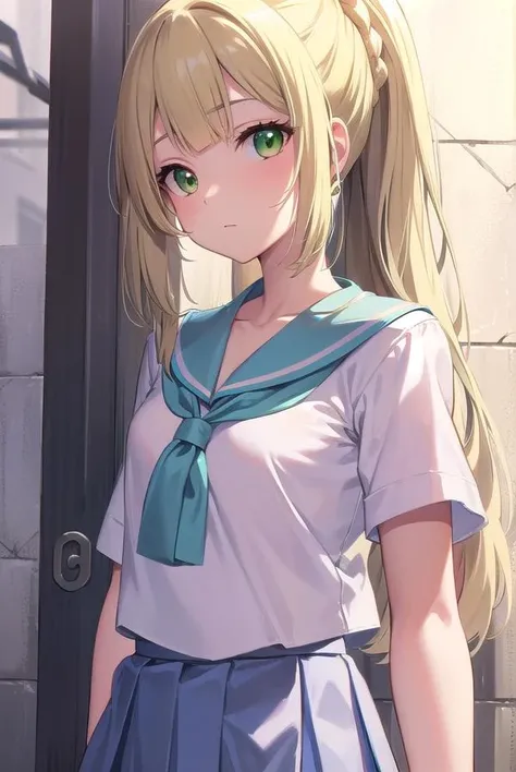 beautiful girl, cute, blue eyes, long twin tail, blonde, black skirt, sexy underwear, teen, not breast , tiny breast, small breast, knee-socks, wet shirt, blush, blush face, young, little girl , full body, nipple
