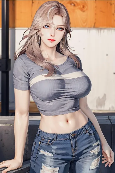 (masterpiece, best quality),(depth of field),shiny skin, 1girl,solo, mature female, cowboy shot, gigantic breasts, looking at viewer, ((Casual Chic: Striped knit top, distressed jeans, white sneakers, hoop earrings.)), (white bikini:-1),
<lora:tessa basic2:0.55>