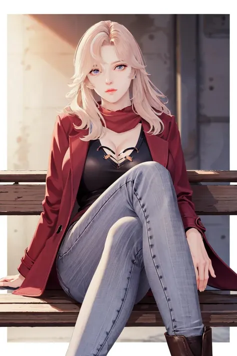 (masterpiece, best quality),(depth of field),shiny skin, 1girl,solo, cowboy shot, huge breasts, 1girl, mature female, solo, ((The woman in her late twenties, the protagonist of the melodrama, sits on a park bench, her legs crossed and a distant look in her eyes. She wears a red wool coat, a gray scarf, skinny jeans, and leather ankle boots, conveying a sense of melancholy.)) <lora:tessa basic-000003:0.6>