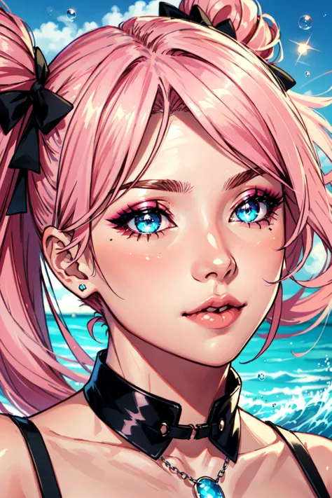 masterpiece, best quality,  vocaloid,  1girl,  solo, long hair, twin tails, hair buns,  neon pink  hair,bangs,  makeup, lipstick, mascara, eyeshadow,  collar, bubble necklace, hair bow, front bow,  dynamic angle, side lighting, shiny skin, detailed eyes, detailed face, water flowing, wind swept hair, glitter , vivid colors