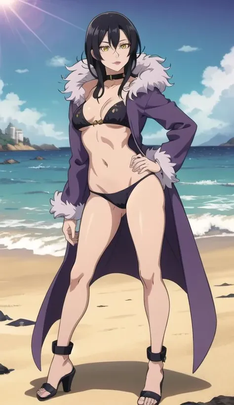 <lora:Merlin:1> Black hair, yellow eyes, purple outfit, fur collar, standing pose, Merlin, pink lips, underwear, ocean, sun, sand