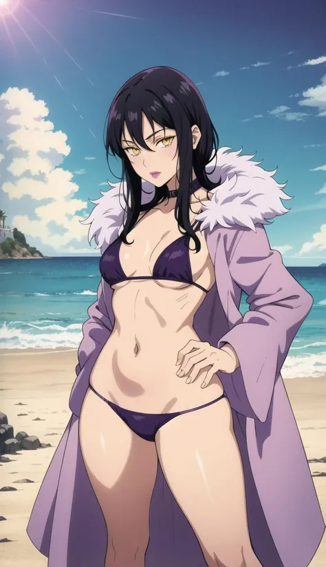 <lora:Merlin:1> Black hair, yellow eyes, purple outfit, fur collar, standing pose, Merlin, pink lips, underwear, ocean, sun, sand, close-up photo