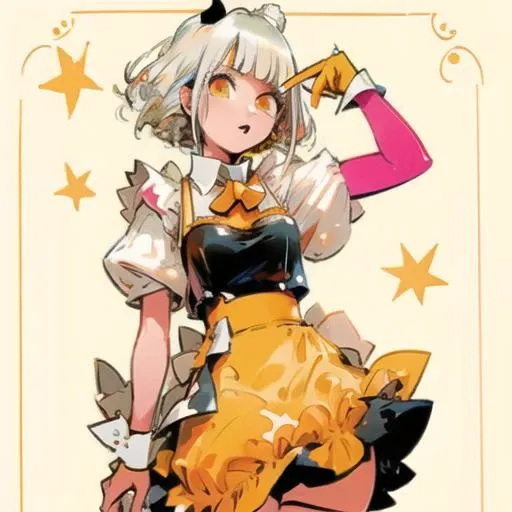black and white hair, bob cut, short hair, maid outfit, orange eyes, orange bowtie, 1girl, cow print