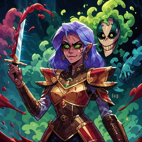 score_9, score_8_up, 1girl , <lora:(Monster Prom) - Aaravi XL:1> aaravi mishra, monster prom,, one spirit, armor, blood splatter, sword, cocky smile, <lora:RealisticAnime:1> (ultra realistic, 32k, masterpiece:1.2), (high detailed skin:1.1), (high quality:1.1), , bokeh, luminescent background,