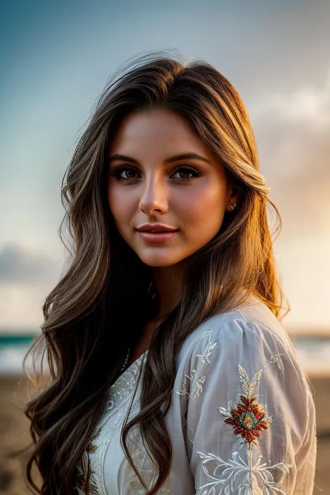 photo of beautiful (czavl1ne-130:0.99), a woman in a (shore:1.1), perfect hair, hair upsweep updo, wearing (embroidered:1.2), modelshoot style, (extremely detailed CG unity 8k wallpaper), professional majestic (photography by massimo vitali:1.1), (Contax G1/G2 Camera), 24mm, exposure blend, hdr, faded, extremely intricate, High Detail, Sharp focus, dramatic, soft cinematic light, (looking at viewer), (detailed pupils), cute smile, 24mm, 4k textures, soft cinematic light, adobe lightroom, photolab, elegant, ((((cinematic look)))), soothing tones, insane details, hyperdetailed, low contrast