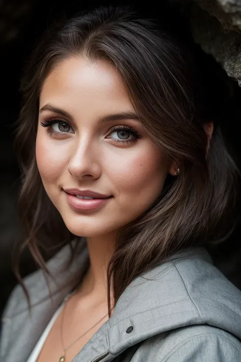 photo of beautiful (czavl1ne-130:0.99), a woman in a (cave:1.1), perfect hair, hair upsweep updo, wearing (outerwear:1.2), modelshoot style, (extremely detailed CG unity 8k wallpaper), professional majestic (photography by  walker evans:1.1), (Canon EOS RP Mirrorless Camera), 24mm, exposure blend, hdr, faded, extremely intricate, High Detail, Sharp focus, dramatic, soft cinematic light, (looking at viewer), (detailed pupils), cute smile, 24mm, 4k textures, soft cinematic light, adobe lightroom, photolab, elegant, ((((cinematic look)))), soothing tones, insane details, hyperdetailed, low contrast