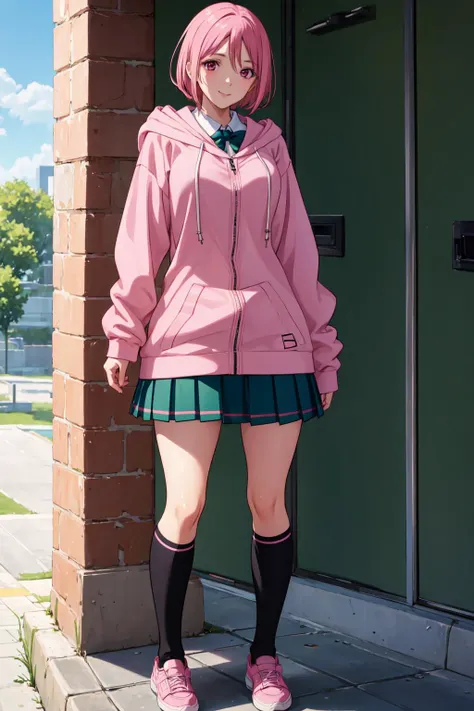 (((masterpiece))), MomoiSatsuki, 1girl, solo, looking at viewer, smile, skirt, school uniform, standing, full body, pink hair, pleated skirt, shoes, socks, hood, pink eyes, kneehighs, green hoodie, black socks, sneakers, <lora:MomoiSatsukiV1:0.7>
